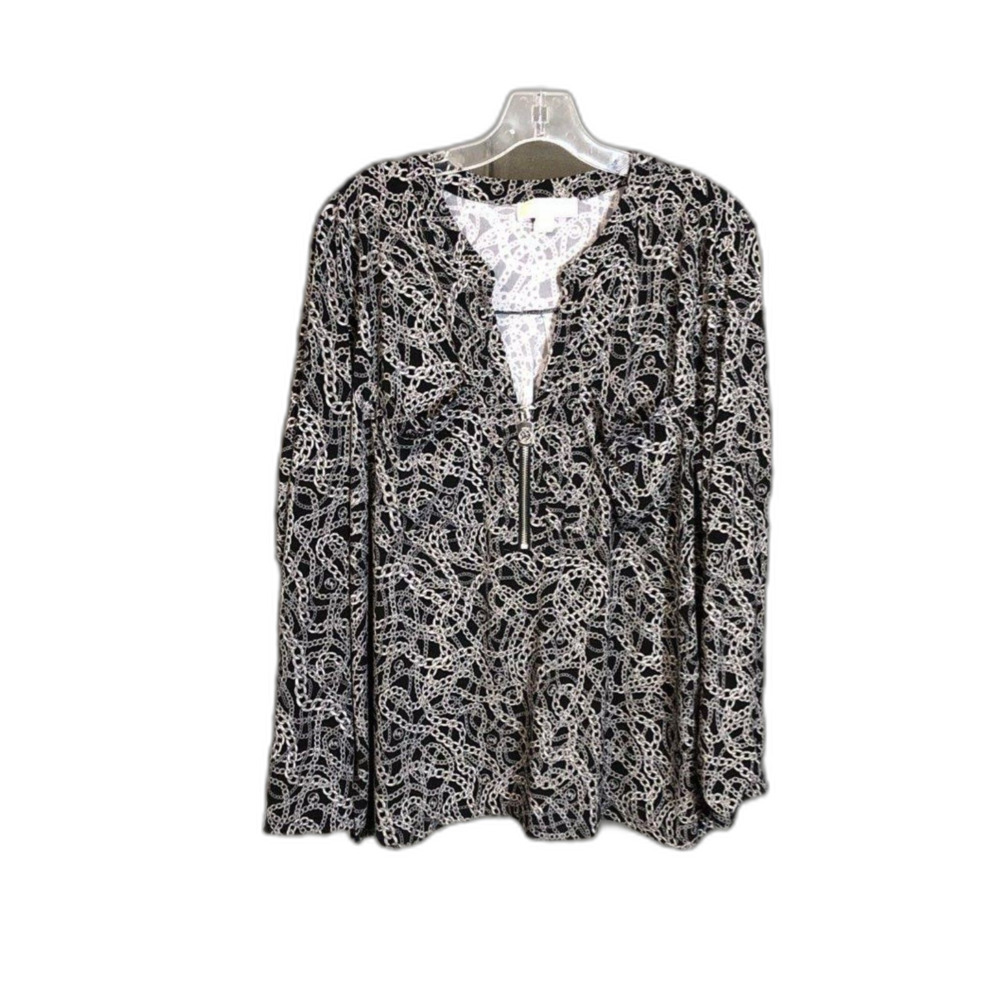 XXL Michael Kors Women's Black White Chain Link Logo Print 1/4 Zip Blouse Top